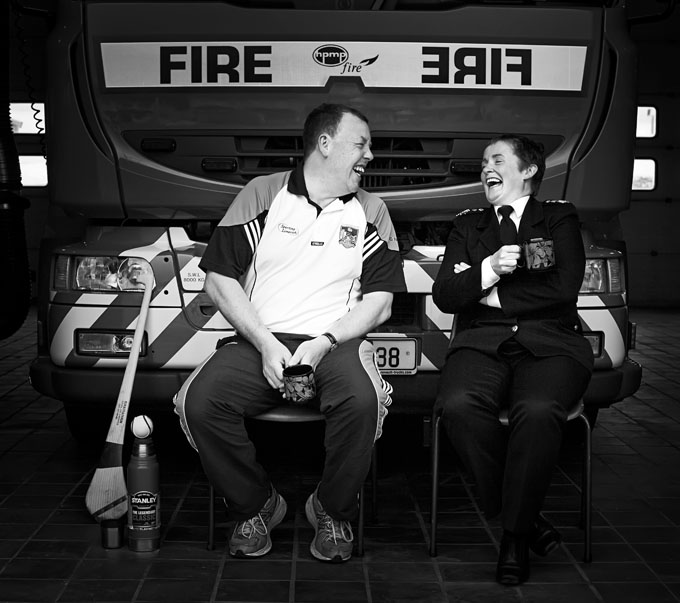 Limerick hurling legend Gary Kirby with his wife and fire chief Carmel Kirby enjoying a cuppa at the fire station.  
